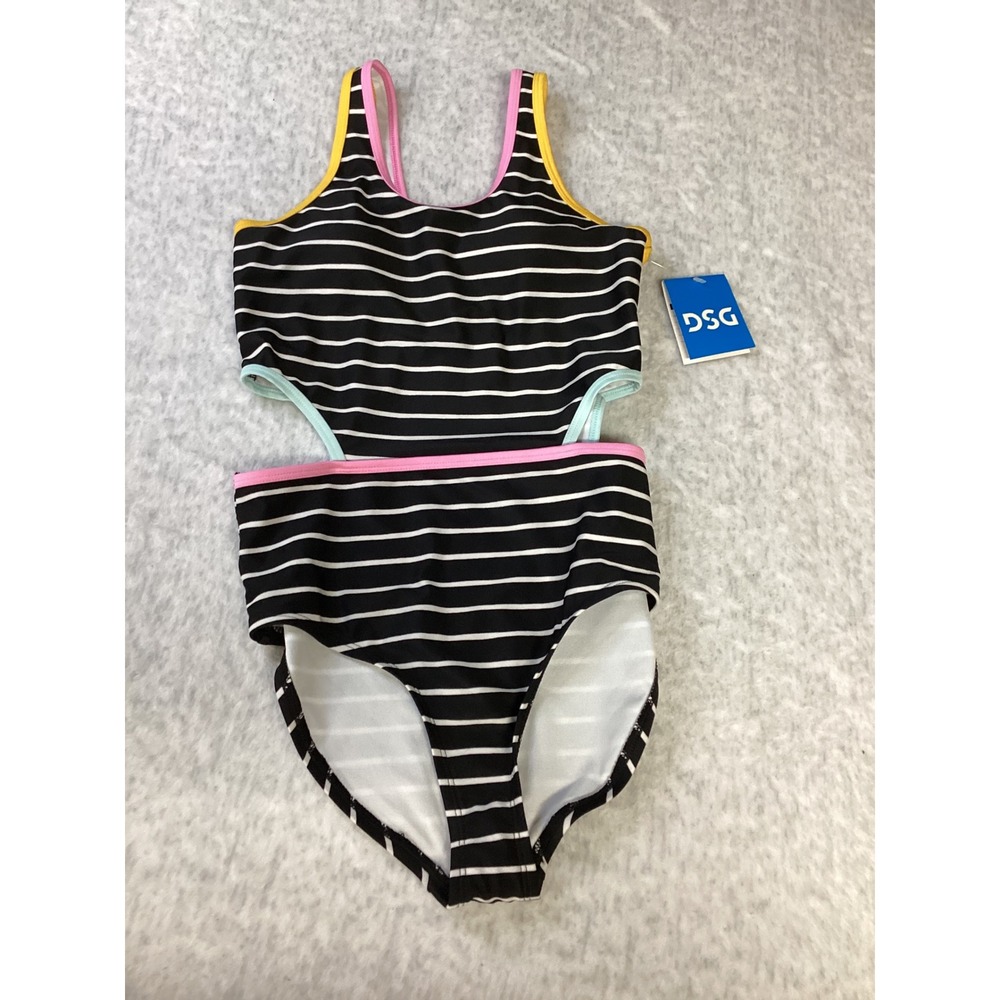 DSG Girls Large One Piece Swimsuit Sanibel Stripe Cut Out Black White Pink L